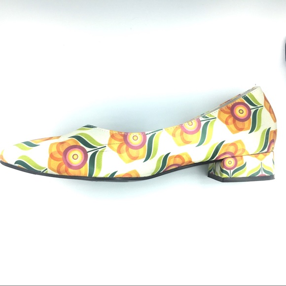 Retro Floral Satin Block Heel Flats Pointed Toe - Picture 7 of 8